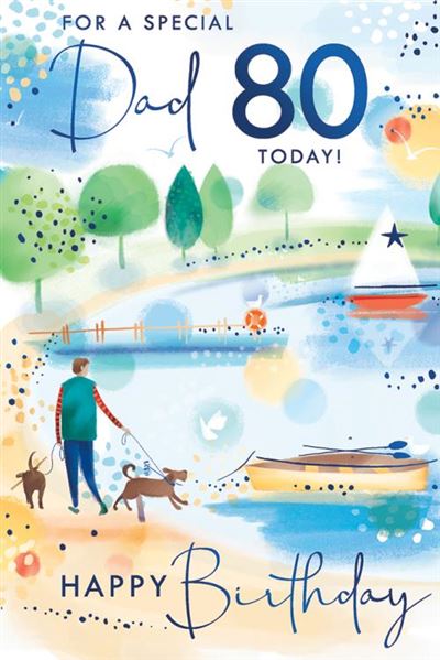 For A Special Dad 80 Today! Happy Birthday Dog Walk in Park Blue Foil 70th Birthday Greeting Card by Kingfisher