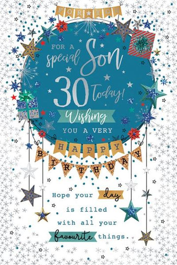 For A Special Son 30 Today! Wishing You A Very Happy Birthday Sparkling Silver Foil 30th Greeting Card by Kingfisher