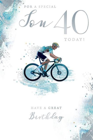 For A Special Son 40 Today! Have A Great Birthday Cycling Silver Foil 40th Greeting Card by Kingfisher