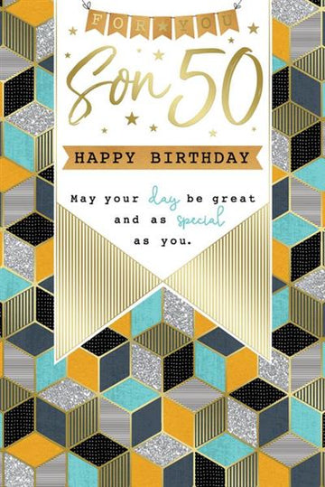 For You Son 50 Happy Birthday Great Special 50th Geometric Art Gold Foil Greeting Card