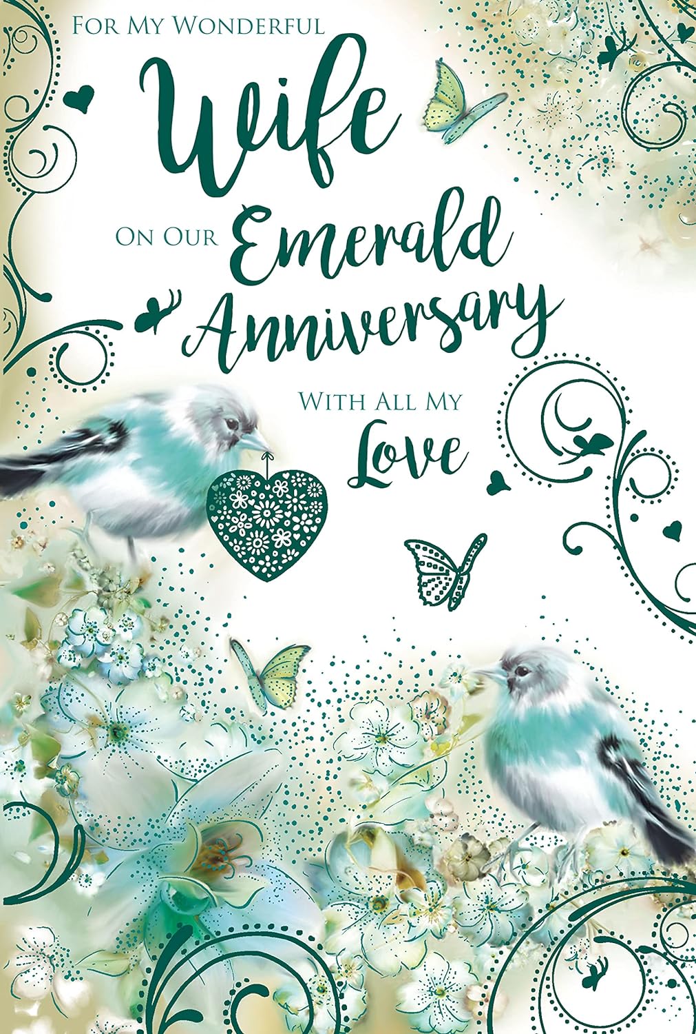 For My Wonderful Wife on Our Emerald Anniversary 55th Love Birds Blossom Green Foil Greeting Card