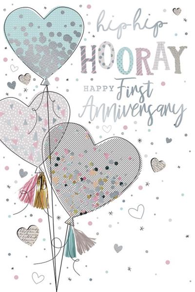 Hip Hip Hooray Happy First Anniversary 1st Love Heart Balloons Silver Foil Glitter Art Greeting Card