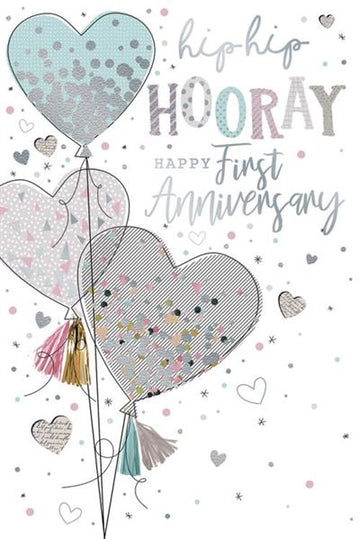 Hip Hip Hooray Happy First Anniversary 1st Love Heart Balloons Silver Foil Glitter Art Greeting Card