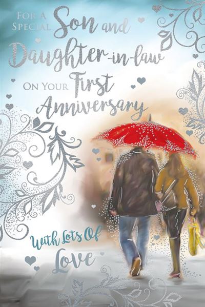 Special Son and Daughter-in-Law on your First Anniversary 1st Romantic Walk in Rain Under Umbrella Foil Art Greeting Card