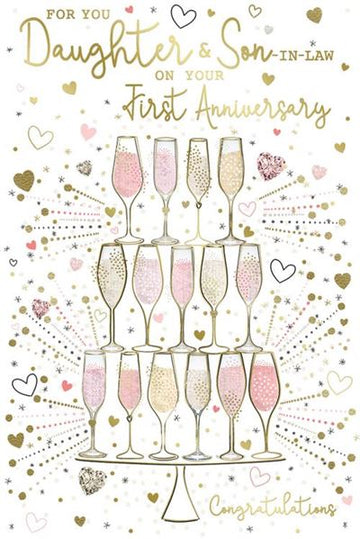 Daughter and Son-In-Law on Your First Anniversary 1st Champagne Tower Gold Foil Art Greeting Card