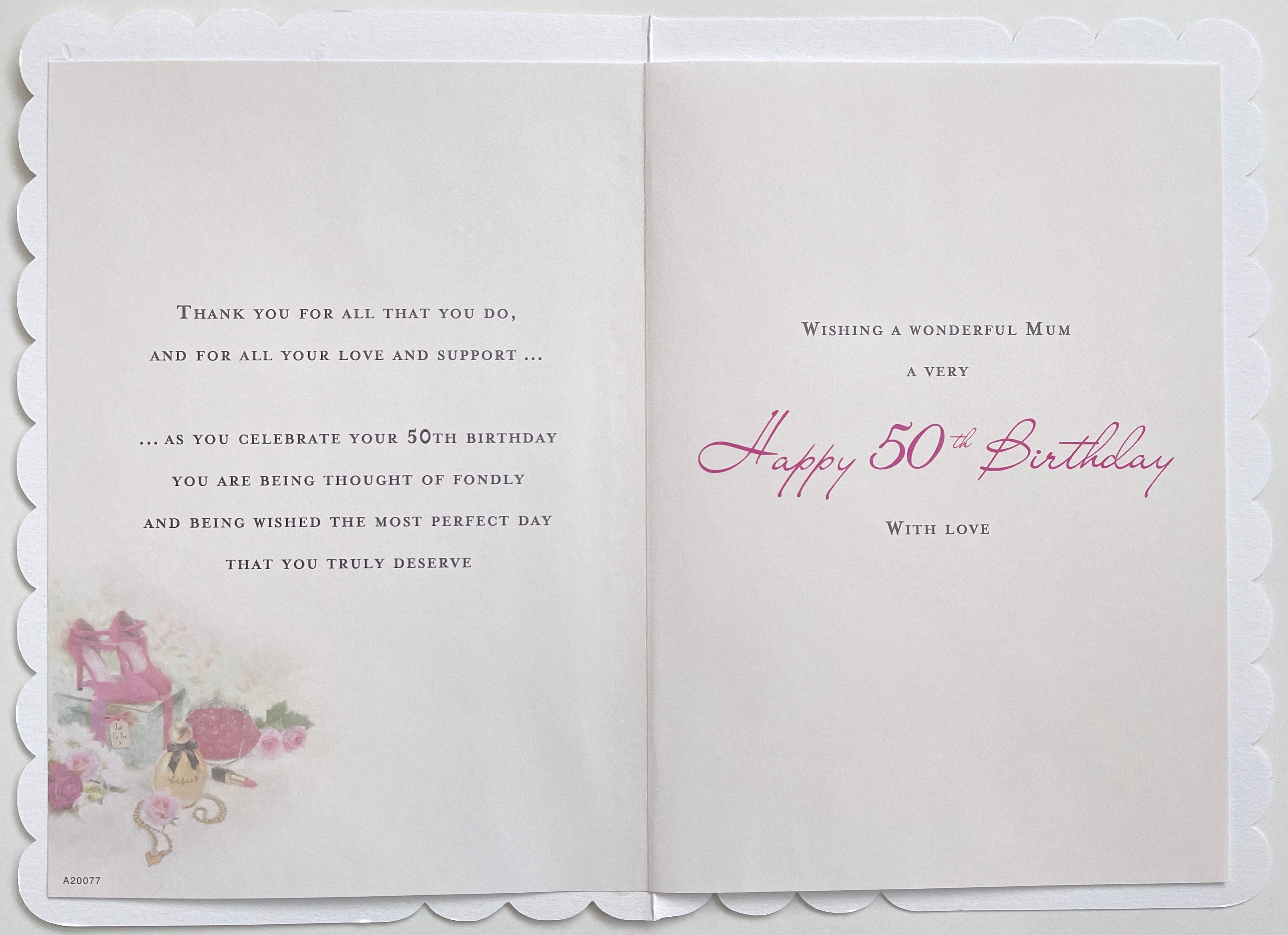 To A Special Mum on Your 50th Birthday Card with Thank You Verse - Perfume Makeup Shoes Bag Gifts