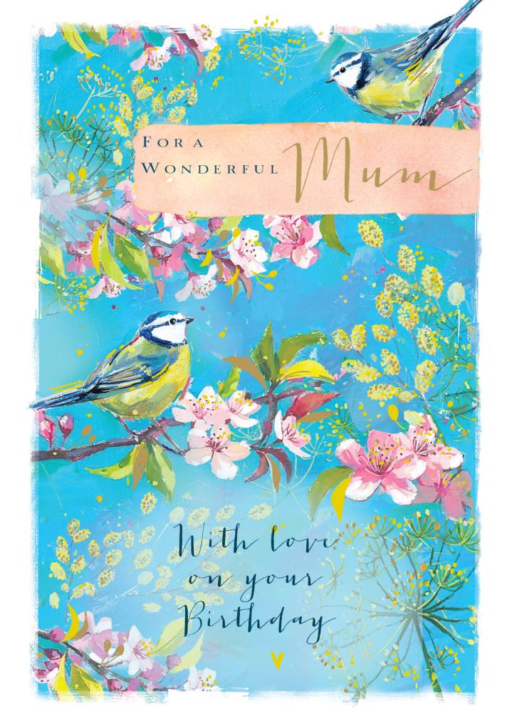 Blue Tits on Spring Blossom - Wonderful Mum Large Birthday Card with Foil Finish by Ling Design