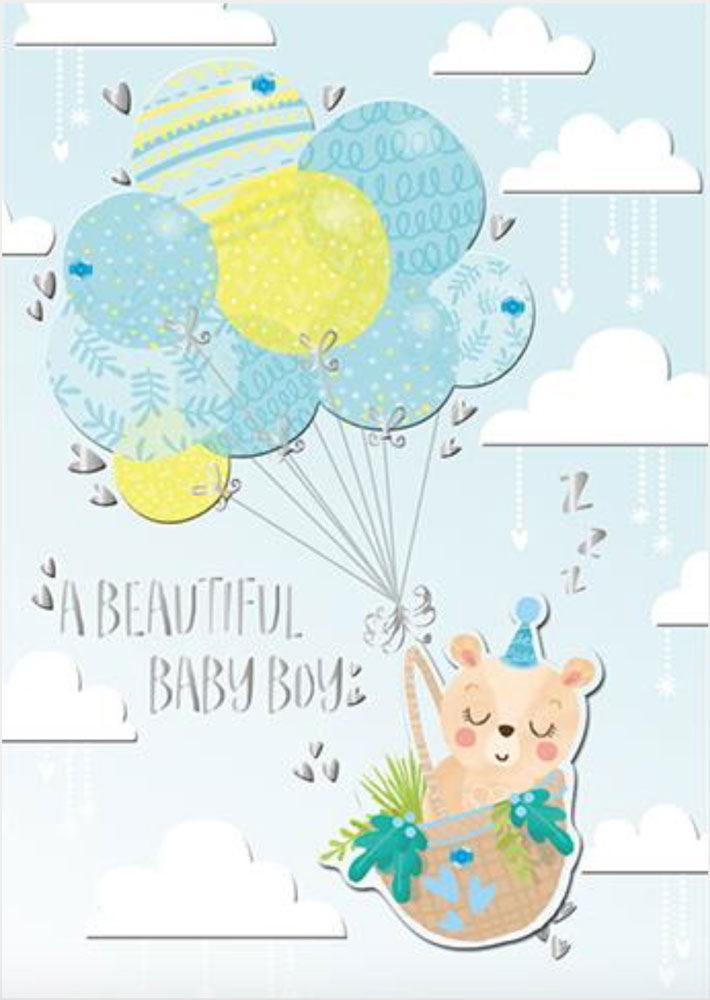 Baby Boy Teddy Bear with Blue Balloons Luxury Handmade Card by Talking Pictures