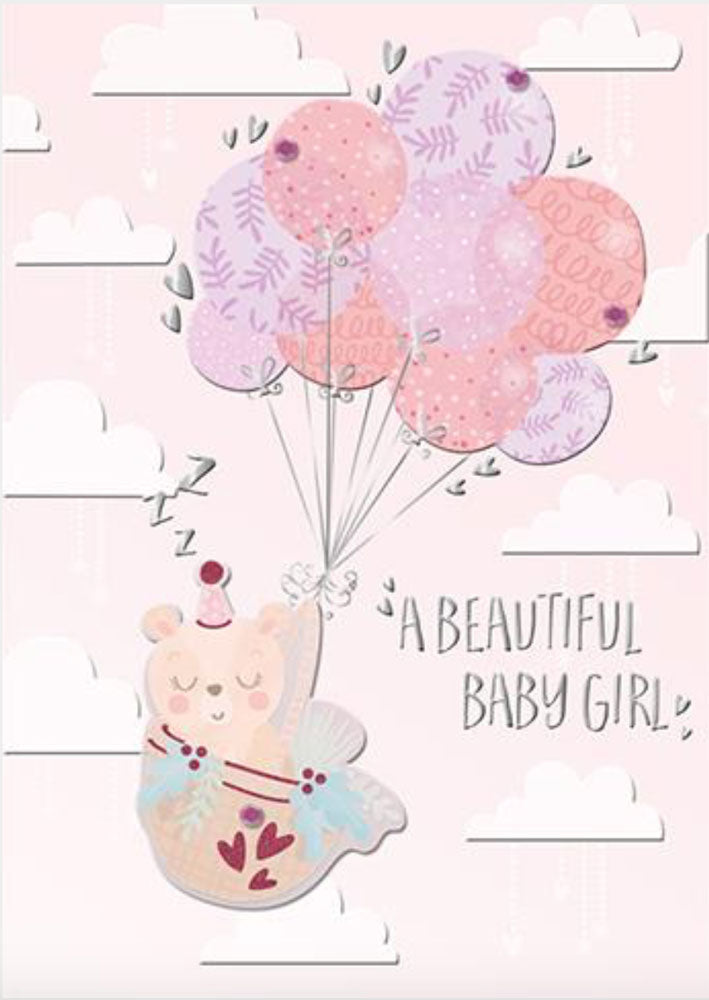 Baby Girl Teddy Bear with Pink Balloons Luxury Handmade Card by Talking Pictures