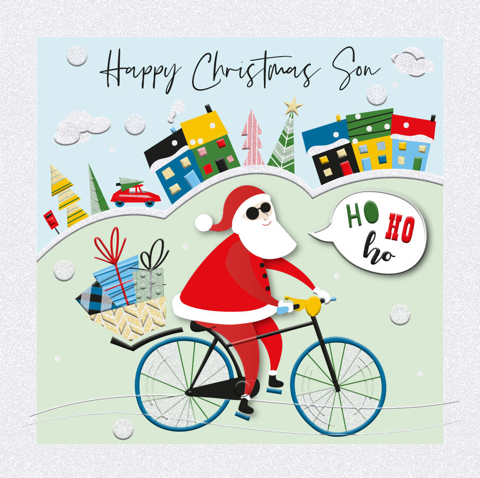 Happy Christmas Son Cool Santa on Bicycle Luxury Handmade 3D Greeting Card By Talking Pictures