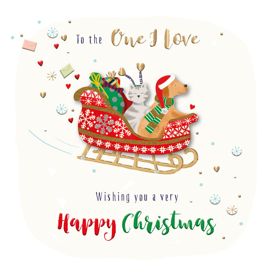 To the One I Love Happy Christmas Dog & Cat in Sleigh Luxury Handmade 3D Greeting Card By Talking Pictures