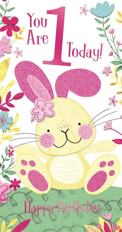 1st Happy Birthday You Are 1 Today Yellow Bunny Rabbit Girl Foil Greeting Card