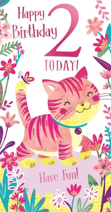 Happy Birthday 2 Today Have Fun! Floral Cute Cat Pink Foil Beautiful Greeting Card by Kingfisher