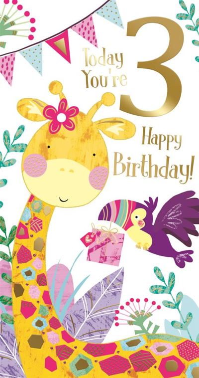 Today You're 3 Happy Birthday! Giraffe & Bird Presents Gold Foil Happy Greeting Card by Kingfisher