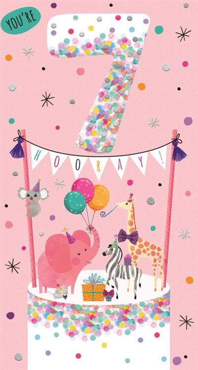 You're 7 Hooray! Happy Birthday Cute Wildlife Animals Pink and Silver Foil Greeting Card by Kingfisher