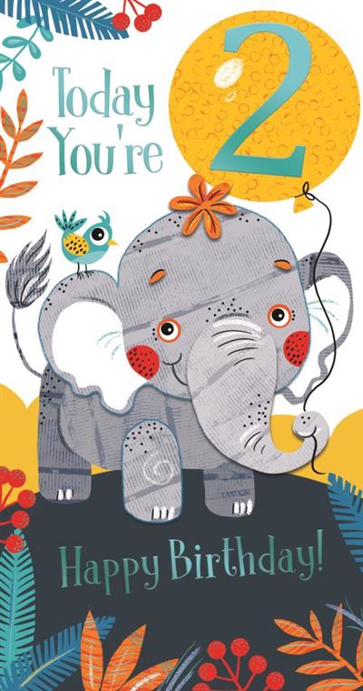 2nd Happy Birthday Today You're 2 Elephant & Cute Bird Blue Foil Greeting Card by Kingfisher