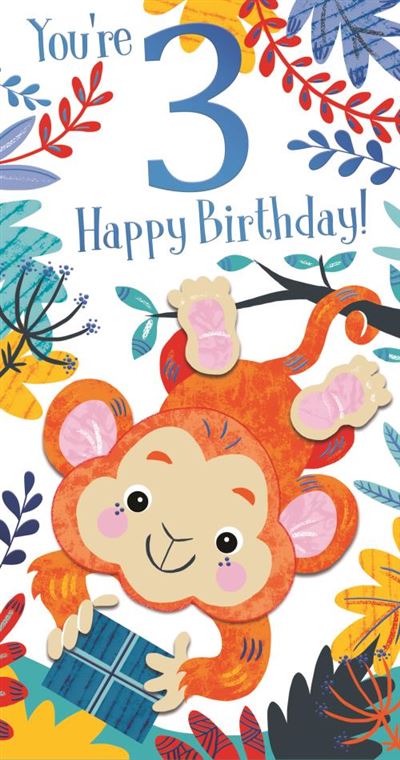 You're 3 Happy Birthday! Cheeky Monkey Blue Foil Fun Greeting Card by Kingfisher