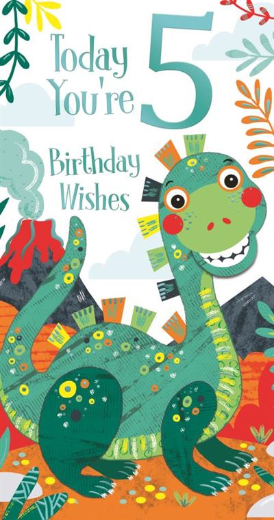 Today You're 5 Birthday Wishes Cute Baby Dinosaur Green Foil Greeting Card by Kingfisher