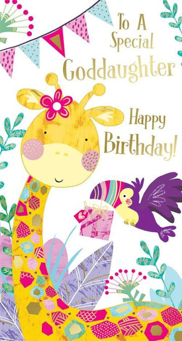 To A Special Goddaughter Happy Birthday! Special Tropical Animal Gold Foil Finish Slim Greeting Card