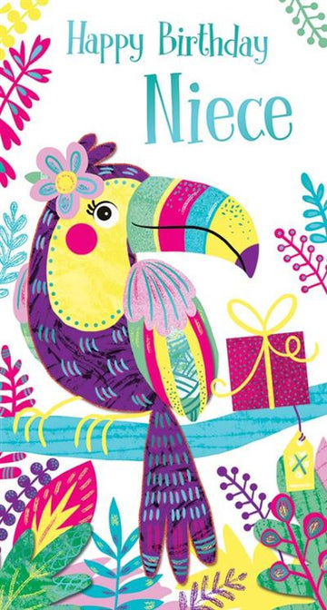 Happy Birthday Niece Adorable Toucan Blue Foil Finish Tropical KingFisher Greeting Card 