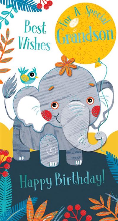 Best Wishes For A Special Grandson Happy Birthday! Cute Elephant Animal KingFisher Slim Greeting Card