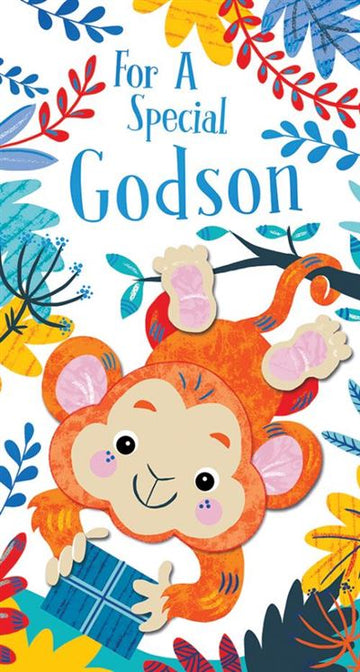 For A Special Godson Cheeky Monkey Blue Foil Finish KingFisher Slim Birthday Card