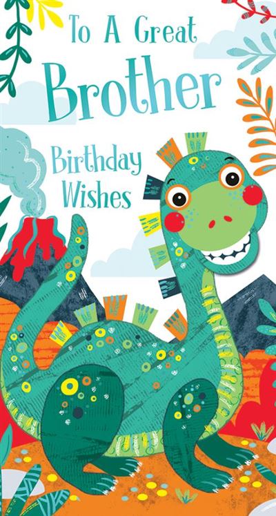 To A Great Brother Birthday Wishes Cool Dinosaur Blue Foil Finish KingFisher Slim Greeting Card