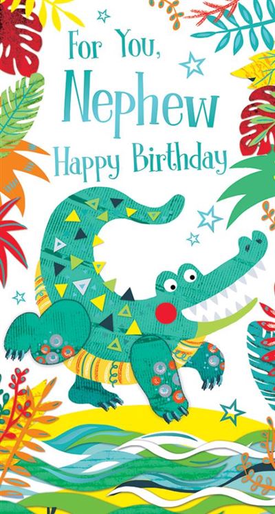 For You, Nephew Happy Birthday Fun Crocodile Tropical Jungle Happy Blue Slim Greeting Card