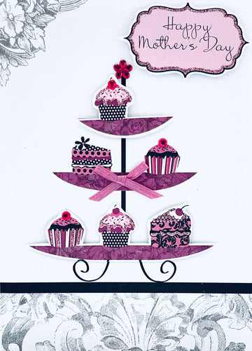 Happy Mothers Day Greeting Card Afternoon Tea Cupcakes Tier with Glitter Finish by Second Nature Greetings