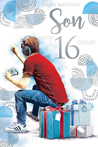 Happy Birthday Son You're 16 Today Video Game Presents Silver Foil Design Cool Greeting Card