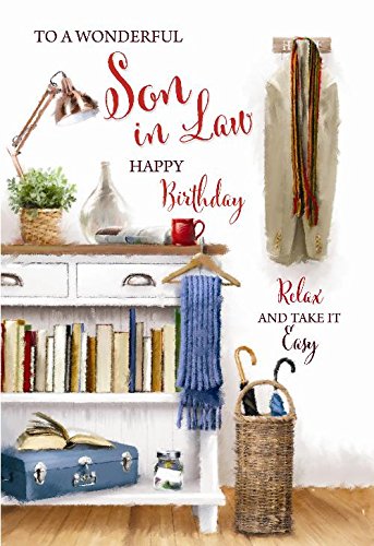 Wonderful Son In Law Suit Scarf Books Table Briefcase & Plant Design Happy Birthday Card