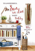 Wonderful Son In Law Suit Scarf Books Table Briefcase & Plant Design Happy Birthday Card