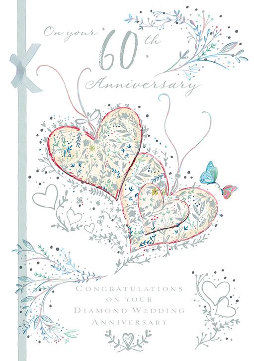 60th Diamond Anniversary Sixty Years Greeting Card 3D Hearts Foil Finish (TA110)