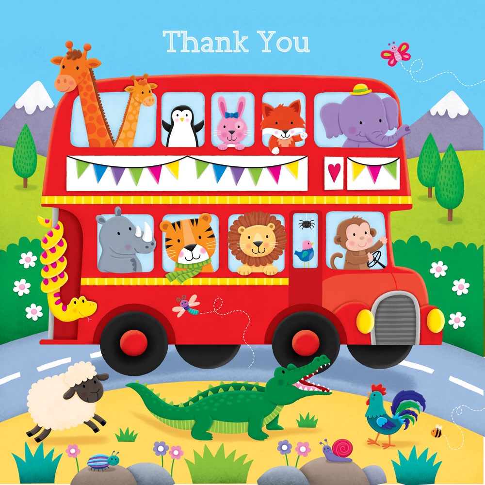 Red Double Decker Cute Animal Bus Thank You Notecards Foil finish Pack of 5 Cards & Envelopes by Tracks Publishing