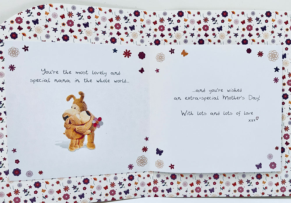 For A Lovely Nana Mothers Day Greeting Card Boofle Dog Holding Flowers with Glitter Finish By UKG