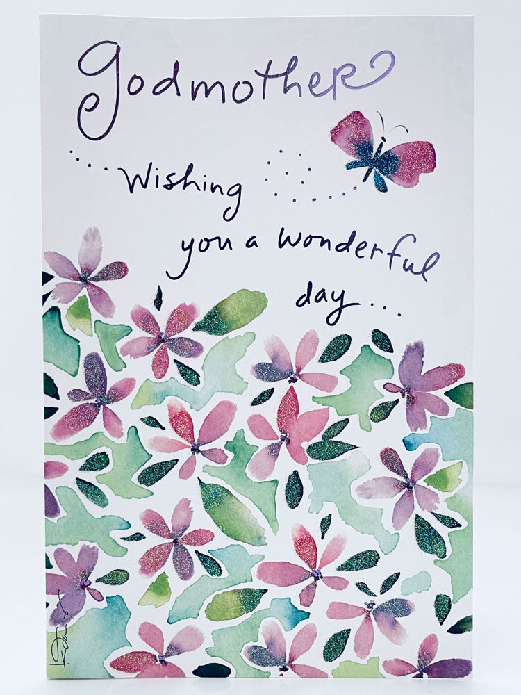 Godmother Special Mothers Day Greeting Card Watercolour Flowers with Glitter Finish By UKG