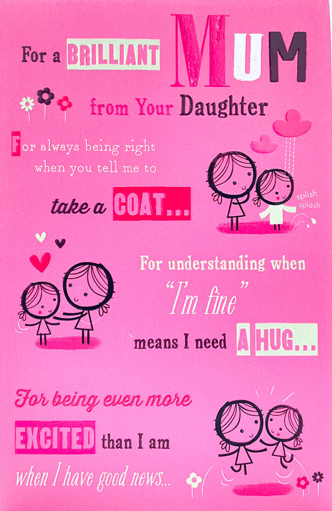 For a Brilliant Mum from Your Daughter Cute Doodles Mothers Day Greeting Card with Emboss Finish By UKG