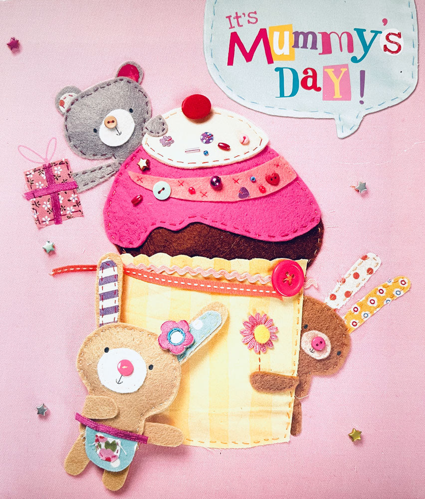 It's Mummys Day Cute Felt Rabbit Cat Cupcake Mothers Day Greeting Card with Emboss Finish By UKG