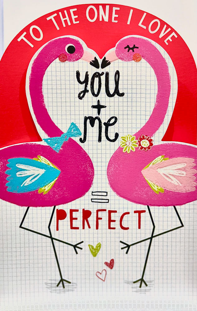 To The One I Love, You + Me = Perfect Flamingoes on Valentines Day Special Glitter UK Greetings Card