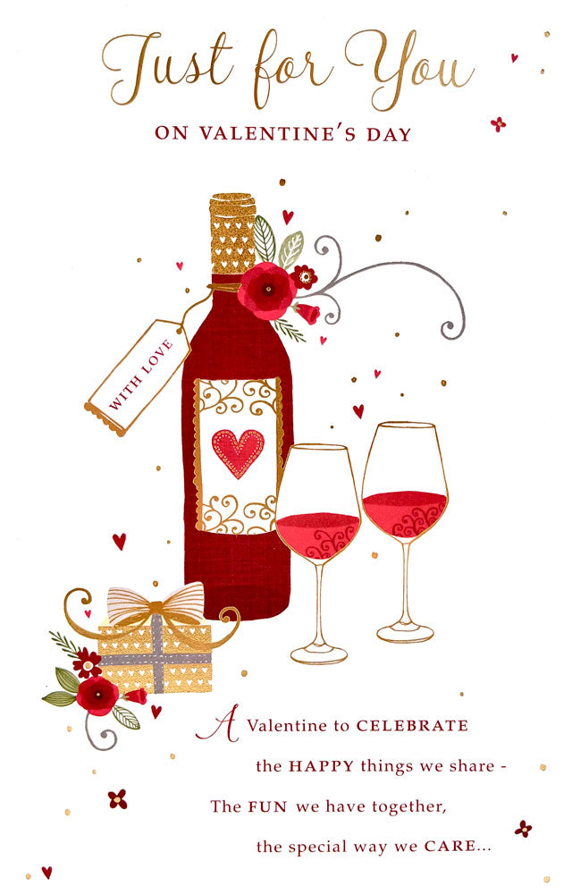 Just For You On Valentine's Day Wine Glasses and Present 2022 Special Luxury UK Greetings Card