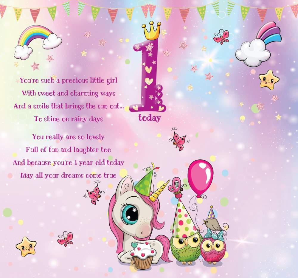 For a Lovely Little Girl who is 1 Today - 1st First Birthday Greeting Card with Lovely Verse - Unicorn, Owls, Butterflies, Rainbow & Cupcake - Wee Nippers by Cardigan Cards