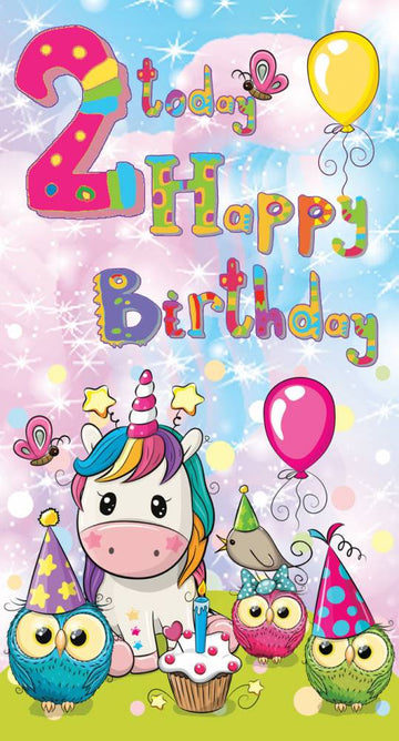 2 Today Happy Birthday - Special Little Girl Greeting Card with Lovely Verse - Unicorn, Owls, Butterflies, Balloons & Cupcake - Wee Nippers by Cardigan Cards