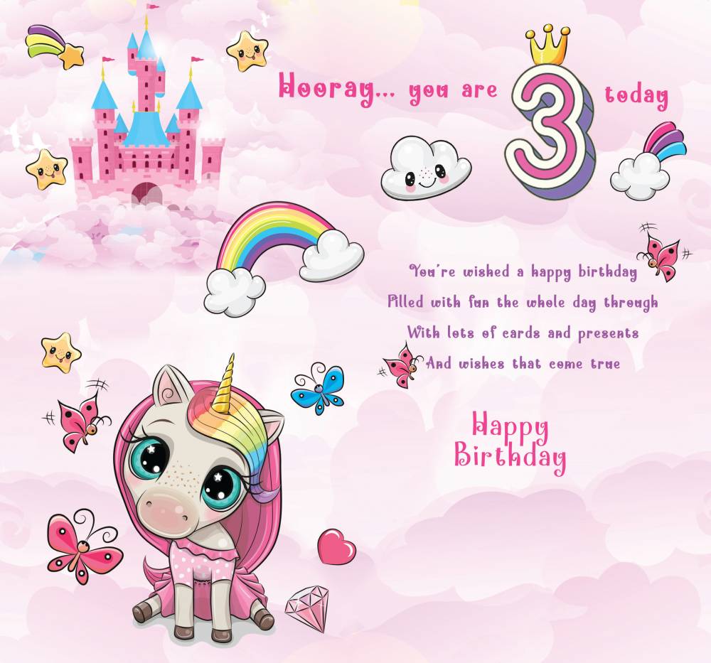 3 Today - Little Girl Happy 3rd Birthday Greeting Card with Lovely Verse - Unicorn, Castle, Butterflies & Rainbow - Wee Nippers by Cardigan Cards