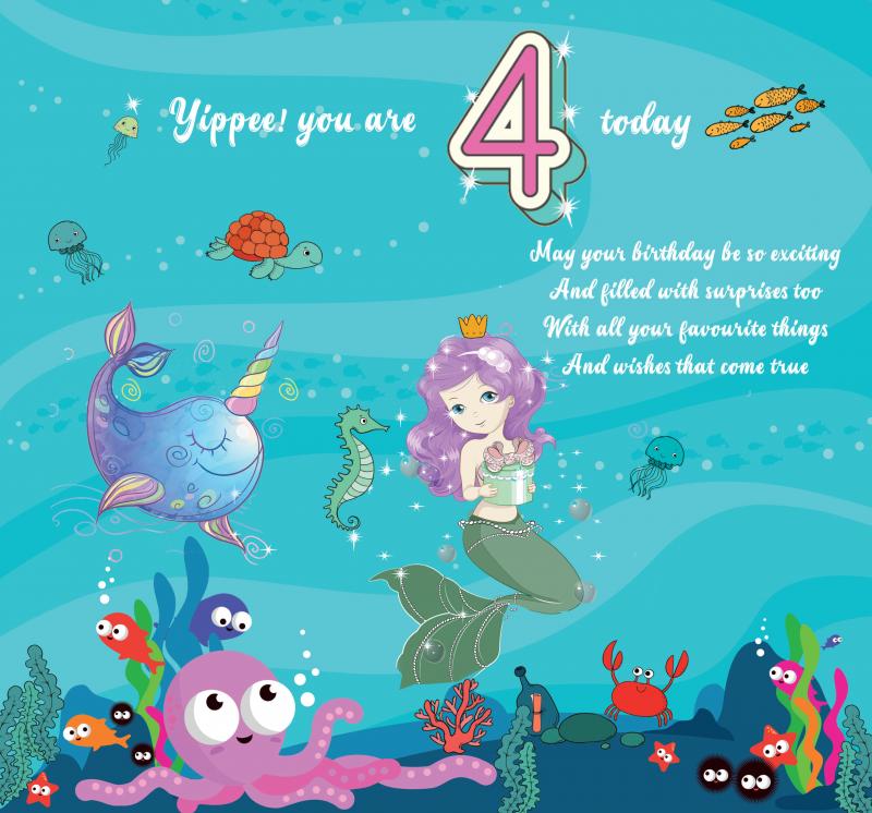 4 Today Thats Awesome - Happy Birthday Girl Greeting Card with Lovely Verse - Mermaid, Narwhal, Octopus, Turtle, Jellyfish Sea - Wee Nippers by Cardigan Cards