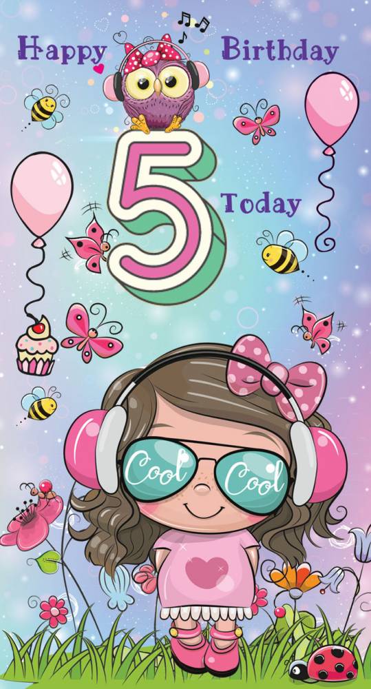 Happy Birthday 5 Today - Cool Little Girl Greeting Card with Lovely Verse - Fun, Music, Headphones, Owl, Butterflies, Balloons & Cupcake - Wee Nippers by Cardigan Cards