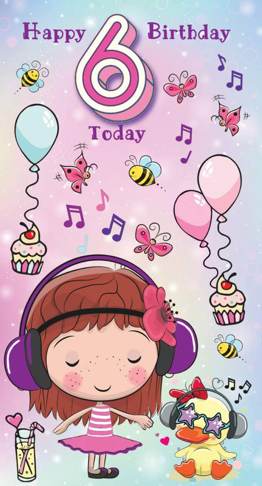 Happy Birthday 6 Today - Little Girl Greeting Card with Lovely Verse - Fun, Music, Headphones, Duck, Monkey, Lemonade, Balloons & Cupcake - Wee Nippers by Cardigan Cards