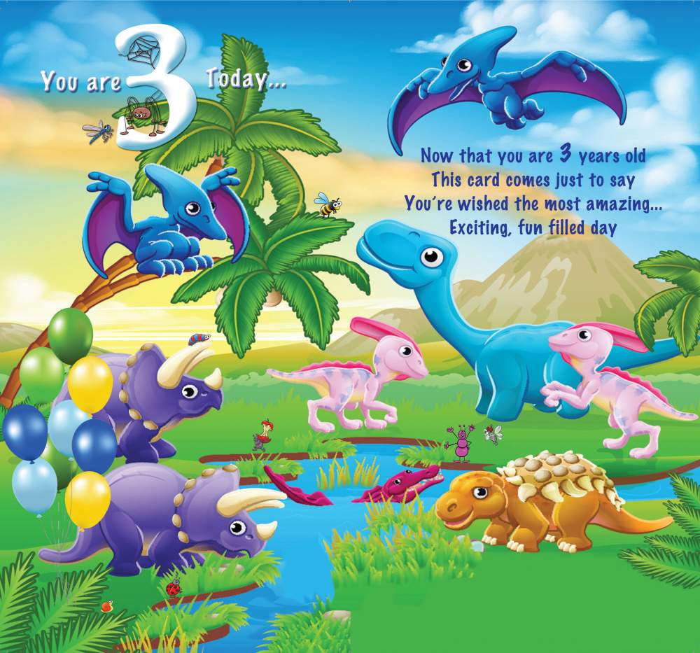 You Are 3 Today How Exciting - Happy Birthday Greeting Card with Lovely Verse - Dinosaurs, Jurassic, Volcano & Balloons - Wee Nippers by Cardigan Cards