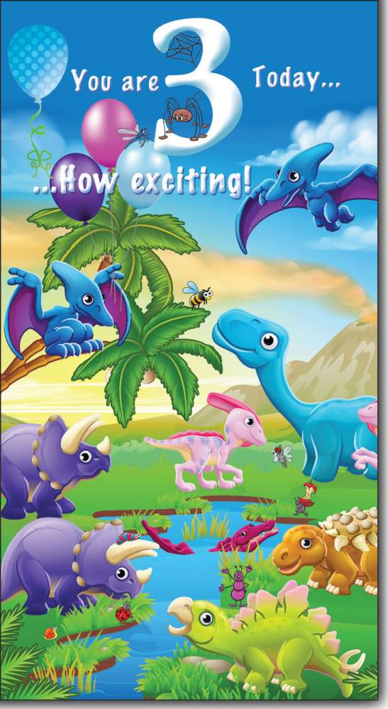 You Are 3 Today How Exciting - Happy Birthday Greeting Card with Lovely Verse - Dinosaurs, Jurassic, Volcano & Balloons - Wee Nippers by Cardigan Cards