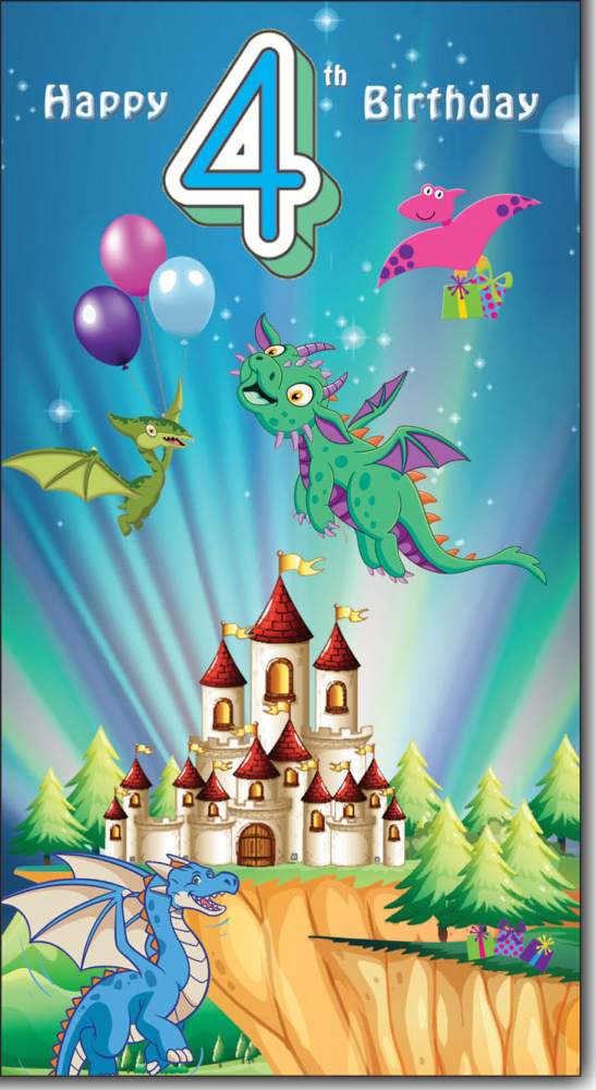 Happy 4th Birthday Greeting Card with Lovely Verse - Dragons, Castle, Presents & Balloons - Wee Nippers by Cardigan Cards