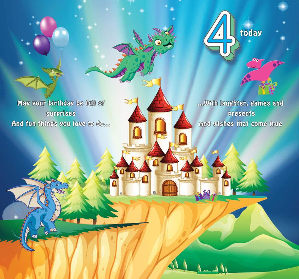 Happy 4th Birthday Greeting Card with Lovely Verse - Dragons, Castle, Presents & Balloons - Wee Nippers by Cardigan Cards